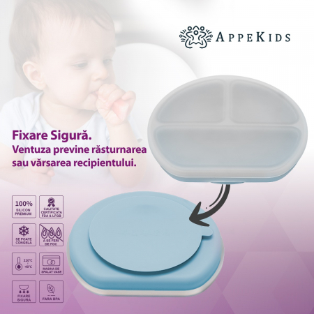 Farfurie compartimentata din silicon cu ventuza si capac, AppeKids - Aqua Blue [2]
