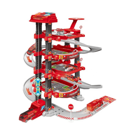Copii 4 ani+ - Garaj de Pompieri cu Lift Electric, Lumini si Sunete, 78 Piese, Rosu