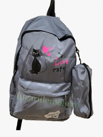 Ghiozdan Gri cu pisica si penar pentru scoala - 42 de cm si 2 compartimente [3]