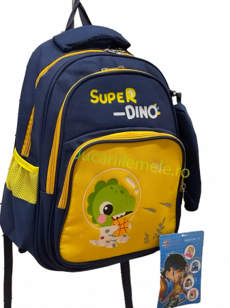 Ghiozdan pentru scoala Albastru/Galben, cu Dinozaur in costum spatial si penar inclus - 40cm si 3 compartimente [2]