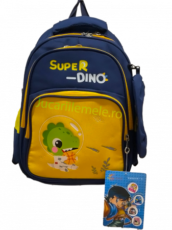 Ghiozdan pentru scoala Albastru/Galben, cu Dinozaur in costum spatial si penar inclus - 40cm si 3 compartimente [1]