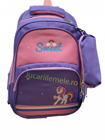 Ghiozdan pentru scoala Roz/Mov, cu Unicorn si penar inclus - 40cm si 3 compartimente [1]