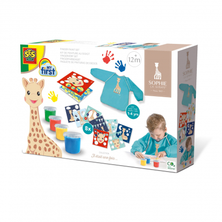 Pictura, modelaj si accesorii - Girafa Sophie - Set acuarele pentru degetele cu planse si sort