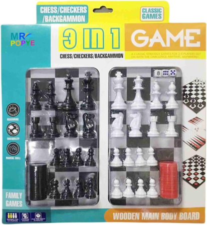 Copii 6 ani+ - Joc 3 in 1 – Sah, Dame si Table, Set Complet pentru Familie, Tabla din Lemn