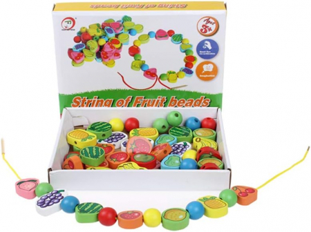 Jucarii si jocuri interactive pentru  copii - Joc de Snuruit din Lemn cu Fructe, 56 Piese