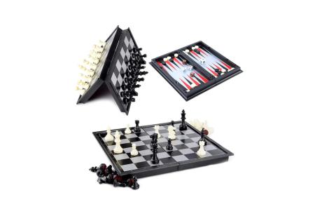 Jocuri de societate - Joc de societate 3 in 1 magnetic – Sah, Table si Dame, Tabla pliabila 36x36 cm