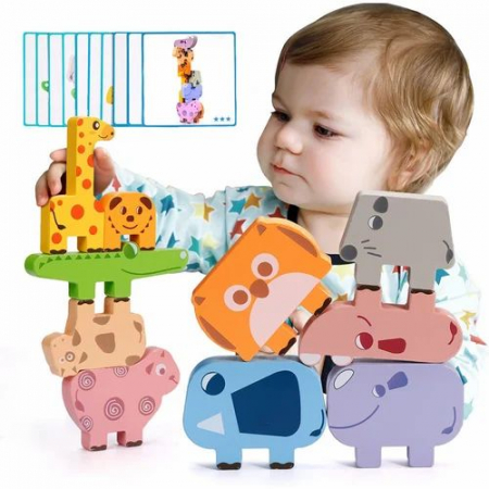 Jucarii din lemn - Joc din Lemn Montessori, Turnuletul cu animale, multiolor.