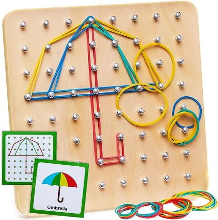 Copii 3 ani+ - Joc Educativ din Lemn Montessori Geoboard cu Elastice Colorate