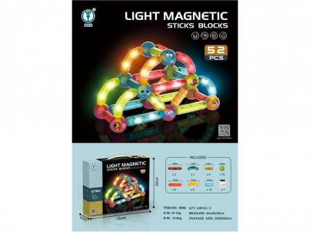 Reduceri - Idei de cadouri! - Joc STEM magnetic de construit, piese luminate, 52 piese