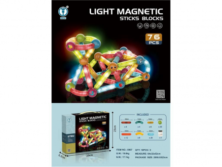 Jucarii si jocuri interactive pentru  copii - Joc STEM tuburi magnetice de construit piese luminate 76 piese