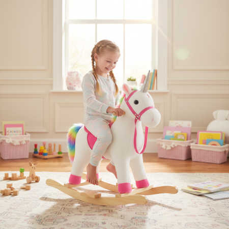 Camera copilului - Jucarie Balansoar din Plus, Design Unicorn, Corn Argintiu si Coama Curcubeu, Alb/Roz