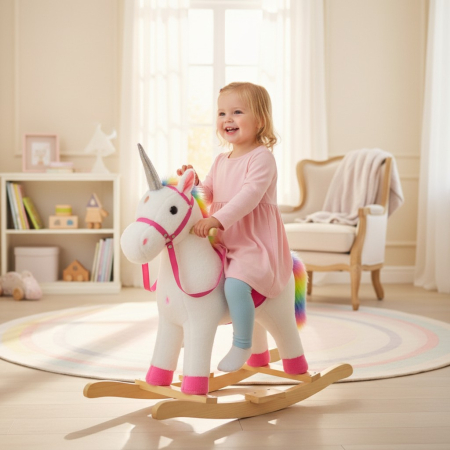 Jucarie Balansoar din Plus, Design Unicorn, Corn Argintiu si Coama Curcubeu, Alb/Roz [2]