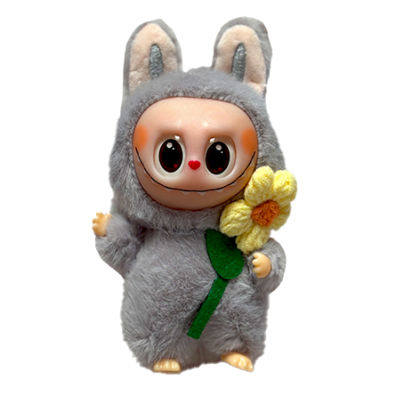 Jucarii de plus - Jucarie de Plus Labubu, Model cu Floricica, 18 cm, Gri