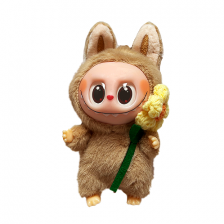 Jucarii de plus - Jucarie de Plus Labubu, Model cu Floricica, 18 cm, Maro Deschis