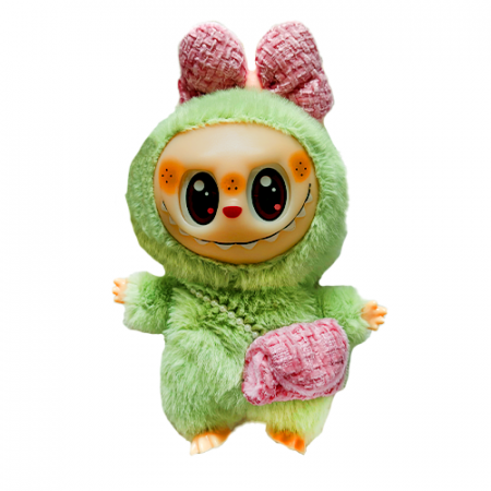 Jucarii de plus - Jucarie de Plus Labubu, Model cu Geanta si Fundita, 18 cm, Verde