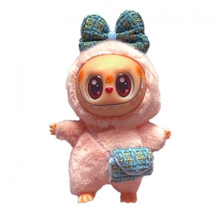 Jucarii de plus - Jucarie de Plus Labubu, Model cu Geanta si Fundita, 18 cm, Roz