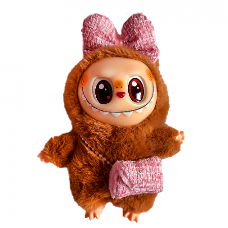 Jucarii de plus - Jucarie de Plus Labubu, Model cu Geanta si Fundita, 18 cm, Maro