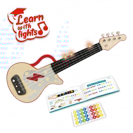 Jocuri si jucarii educative pentru bebe - Jucarie din lemn - Instrument Ukulele (chitara) rosu - invata sa canti cu lumini
