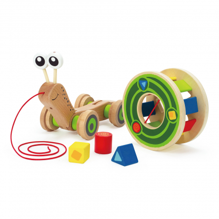Jucarii si jocuri interactive pentru  copii - Jucarie din lemn - Melc de tras si sortator de forme