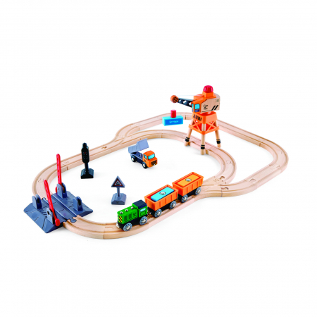 Jucarii din lemn - Jucarie din lemn - Set tren de marfa cu macara (34 piese)