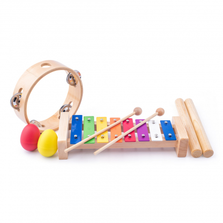 Jocuri si jucarii educative pe varsta - Jucarie din lemn - Xilofon, tamburina, 2 maracas