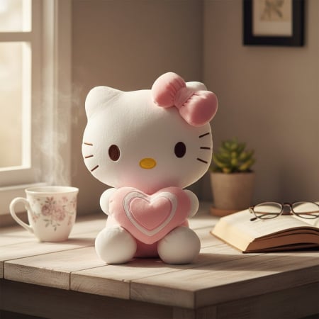 Jucarii de plus - Jucarie din Plus 65 cm Pisicuta cu Mustati, Moale si Pufoasa, cu Inima Roz, pentru Copii si Bebelusi, ROZ PASTEL