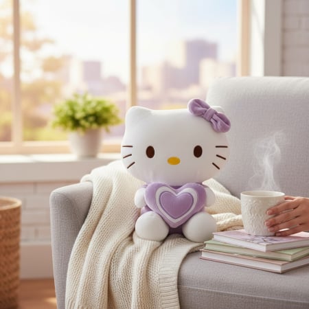 Fotolii de plus in forma de personaje - Jucarie din Plus 65 cm Pisicuta cu Mustati, Moale si Pufoasa, cu Inima Violet, pentru Copii si Bebelusi, MOV PASTEL