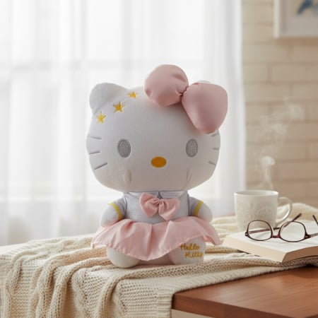 Fotolii de plus in forma de personaje - Jucarie din Plus 45 cm Pisicuta cu Rochita Satinata, Fundita Roz si Stelute Aurii, Hainute Elegante, ROZ/ALB