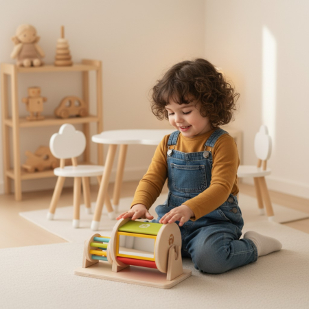 Jucarii motricitate - Jucarie Educativa din Lemn Montessori, Tambur Rotativ Curcubeu pentru Bebelusi cu Oglinda, 6 luni +