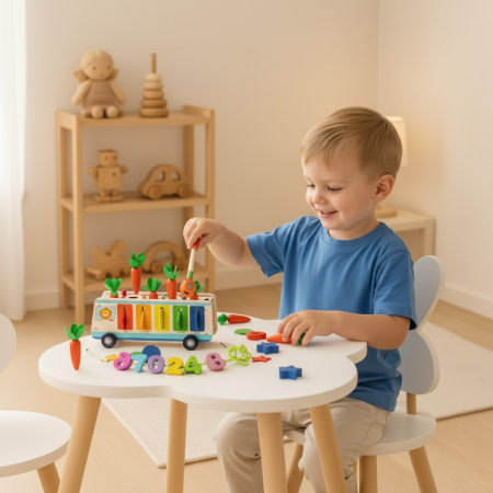 Jucarie Educativa Montessori 8 in 1 pentru Copii din Lemn, Centru de Activitati cu Pescuit Magnetic, Joc cu Morcovi, Ceas si Sortator,  1 An + [1]