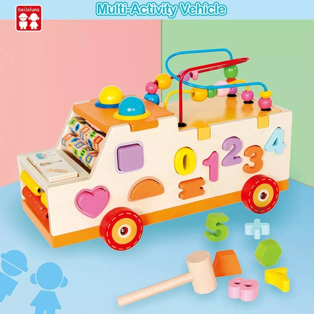 Saltele interactive - Jucarie Montessori din Lemn pentru Copii, Autobuzul Magic