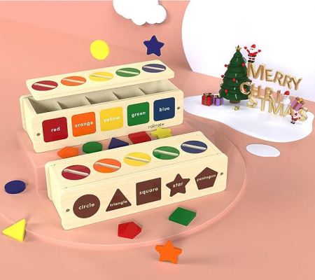 Reduceri - Idei de cadouri! - Jucarie Montessori din lemn sortare si invatare culori si forme geometrice