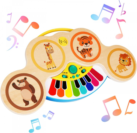 Jocuri si jucarii educative pentru bebe - Jucarie muzicala pian cu touch si 4 tobe, din lemn