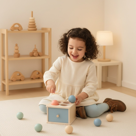 Copii 4 ani+ - Jucarie Senzoriala Montessori din Lemn, Sortator de Bile cu Sertar, Dezvoltare Motricitate, 2 ani +, ALBASTRU