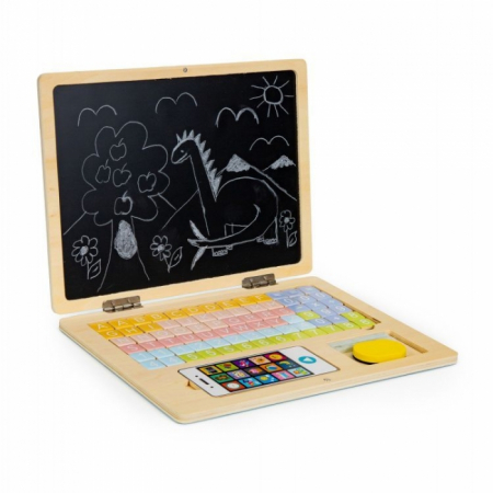 Jocuri de indemanare si dexteritate - Laptop educational din lemn cu magnet si taste din lemn Ecotoys G068 - Alb
