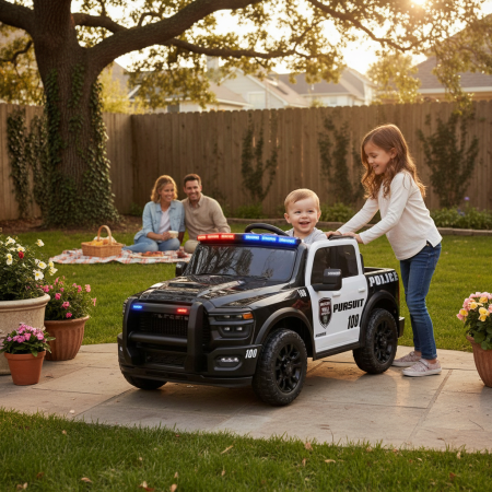 Masinute si vehicule pentru copii - Masinuta Electrica de Politie pentru Copii 12V, Telecomanda penru Parinti, Bluetooth, Lumini LED, NEGRU/ROSU