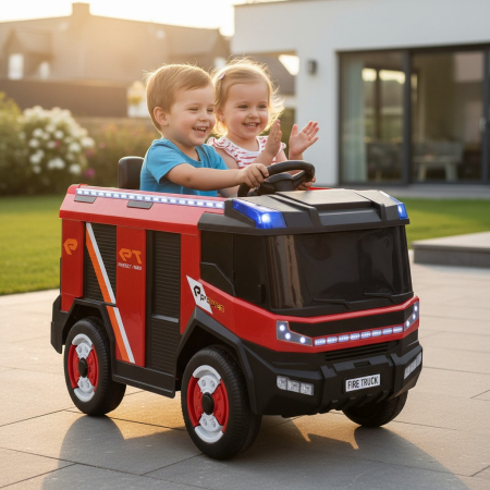 Masinute si vehicule pentru copii - Masinuta Electrica de Pompieri pentru Copii, 2 Locuri, Telecomanda, Lumini LED, Muzica, 12V, ROSU