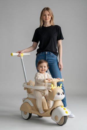 Masinute si vehicule pentru copii - MiniScooter 3 In 1 Cu 3 Roti, Lumini LED, Muzica Si Maner Parental, 2-4 Ani, Crem