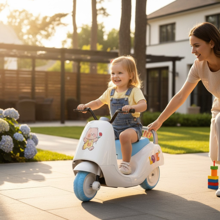 Jucarii de exterior - Motocicleta Electrica pentru Copii cu Baterie 6V, Viteza Reglabila, Efecte Sonore, Model Ursulet Vesel cu Trandafir, ALB/ALBASTRU