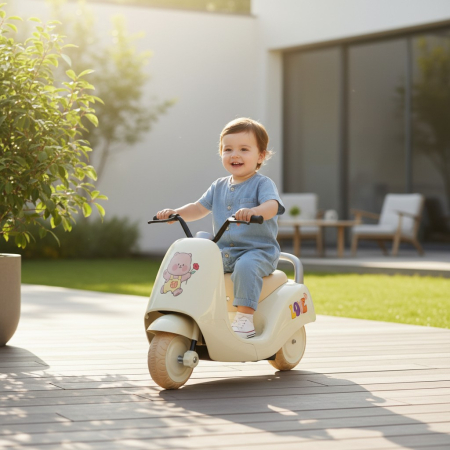 Jucarii de exterior - Motocicleta Electrica pentru Copii cu Baterie 6V, Viteza Reglabila, Efecte Sonore, Model Ursulet Vesel cu Trandafir, GALBEN/CREM