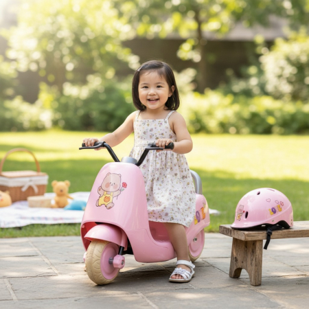 Jucarii de exterior - Motocicleta Electrica pentru Copii cu Baterie 6V, Viteza Reglabila, Efecte Sonore, Model Ursulet Vesel cu Trandafir, ROZ/CREM