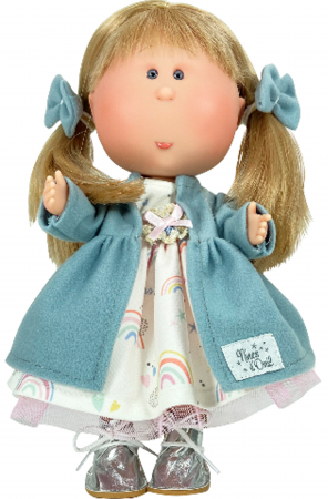 Copii 3 ani+ - Papusa Nines D'Onil, Mia, cu parul blond si funde albastre, cu articulatii, cu miros de vanilie, 30 cm