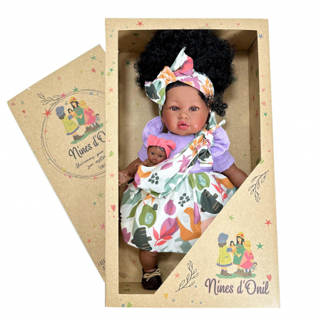 Papusa Nines D'Onil, Maria Afro, cu sunete, cu bebelus, cu rochie mov, cu miros de vanilie, 45 cm [3]