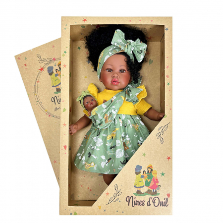 Papusa Nines D'Onil, Maria Afro, cu sunete, cu bebelus, cu rochie verde, cu miros de vanilie, 45 cm [2]