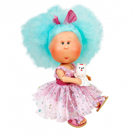 Jucarii copii si bebe - Papusa Nines D'Onil, Mia Cotton, cu parul albastru, cu catel, cu articulatii, cu miros de vanilie, 30 cm