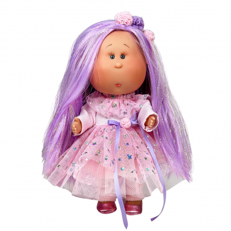 Jucarii copii si bebe - Papusa Nines D'Onil, Mia, cu parul mov, cu sclipici, cu articulatii, cu miros de vanilie, 30 cm