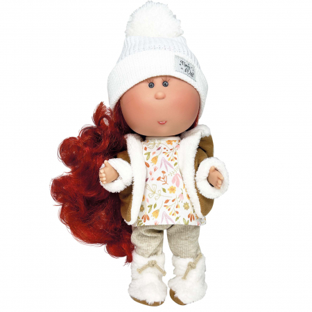 Jucarii copii si bebe - Papusa Nines D'Onil, Mia, cu parul rosu, cu fes alb, cu articulatii, cu miros de vanilie, 30 cm