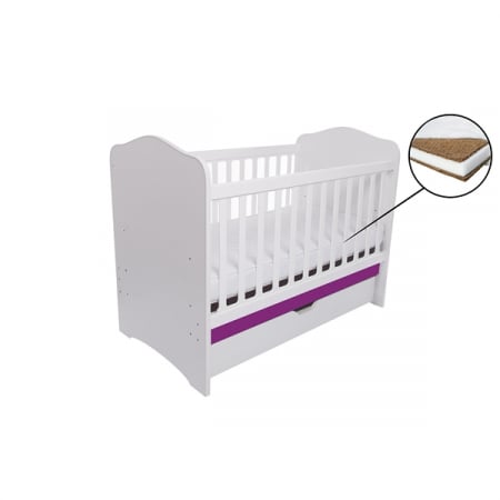 Camera copilului - Patut VESSANTI Como cu sertar - Alb cu Violet + Saltea Cocos 10 cm