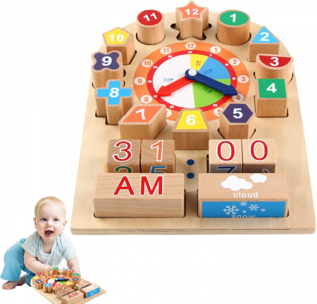 Copii 3 ani+ - Placă Montessori din Lemn cu Ceas, Litere, Cifre și Forme Geometrice