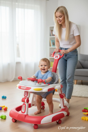 Jocuri si jucarii educative pe varsta - Premergator 3 in 1 cu Maner Parental, Volan si Sezut Reglabil, Pliabil, 6 Roti Silentioase, cu Maner de Impins, ROSU